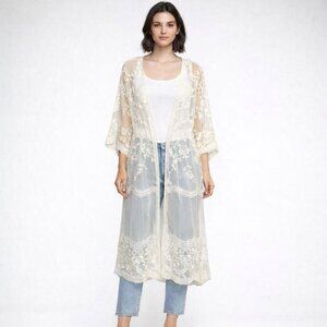 Dizzy Gal Ivory Lace Kimono Duster Sheer Embroidered Floral Size L